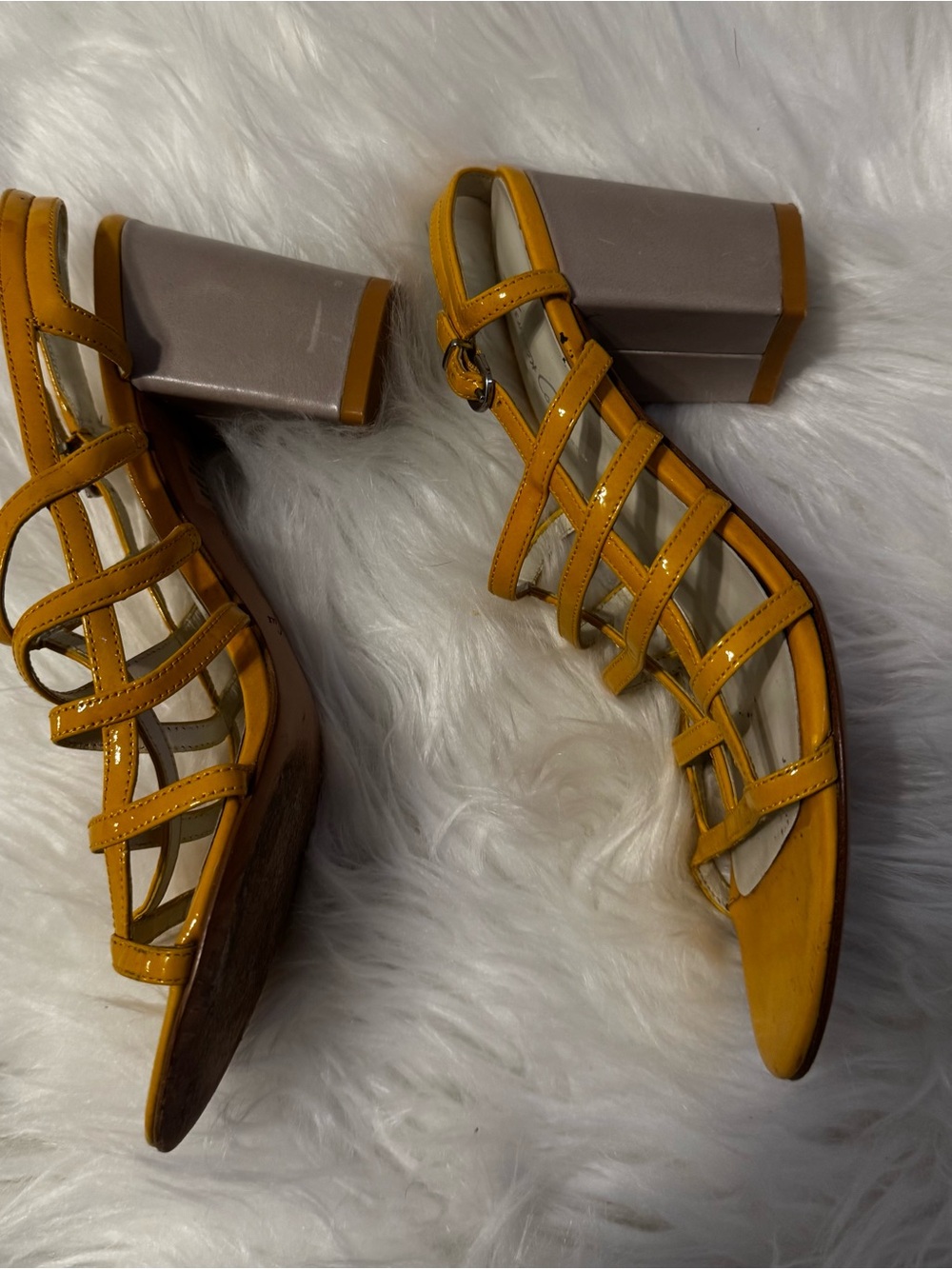 Kenneth Cole Patent Strappy Sandals in Mustard Yellow - Women